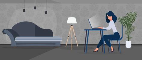 A woman sitting at a table with a laptop vector