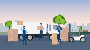 Loading cargo into the car. Movers carry boxes. The concept of moving and delivery. Truck, forklift, loader. Vector. vector