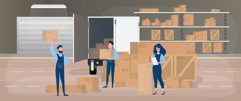 Delivery team. Large warehouse. Movers with boxes. The girl with the list. vector