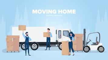 Moving home banner. Moving to a new place. White truck, Movers carry boxes, a girl checks the presence in the list. vector