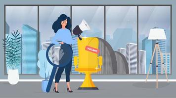 Girl with a shout and a magnifier. The girl is looking for new workers. Golden office chair. Free place. Office. The concept of finding people for work. Vector. vector