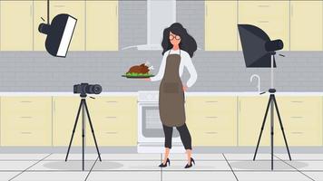 mujer cocinera en la cocina sigue liderando un vlog culinario. una niña con un delantal de cocina sostiene un pollo frito. vector.