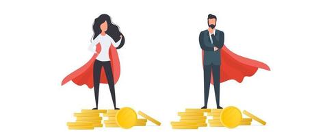 A girl and a guy with a red cloak stand on a mountain of gold coins. Superhero woman. Isolated. Vector. vector