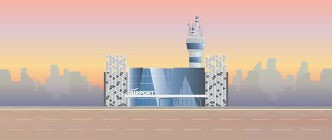 Modern airport. Runway. Airport in a flat style. Silhouetted by the city. Vector illustration