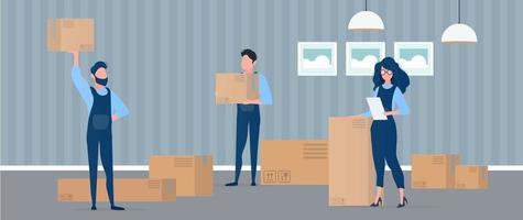 Moving home. Office relocation to a new location. Movers carry boxes. The concept of transportation and delivery of goods. Vector. vector
