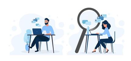 Two people sitting at a table with a laptop and a magnifying glass vector