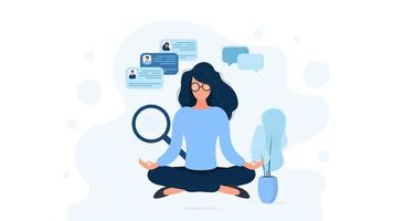The girl in glasses is meditating. Recruitment and Recruitment Specialist. The concept of finding people to work, view vacancies and resumes. Vector. vector