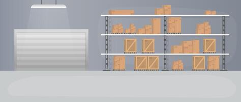 An illustration of a warehouse with shelves and boxes vector
