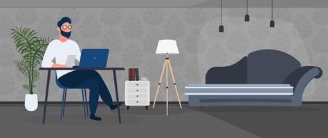 A man sitting at a desk with a laptop vector