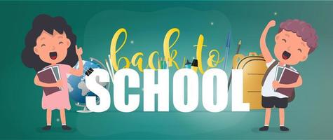 Back to school banner. Children rejoice at the start of the school year. Satisfied schoolchildren. Vector. vector