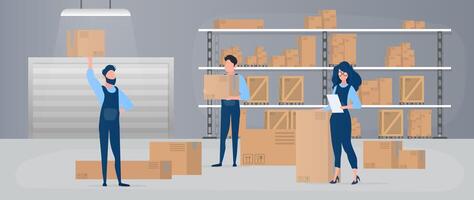 Two people are standing in a warehouse with boxes vector