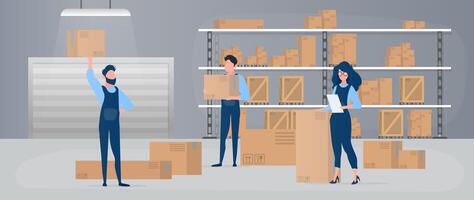 Large warehouse with drawers. Movers carry boxes. The girl with the list checks availability. Carton boxes. The concept of transportation, delivery and logistics of goods. Vector. vector