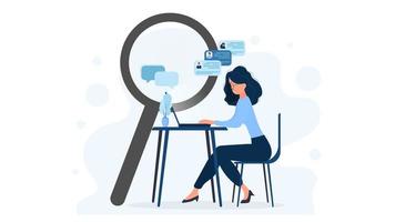 The girl with glasses sits at the table. A laptop employs a hiring and recruiting specialist. The concept of finding people to work, view vacancies and resumes. Isolated. Vector. vector