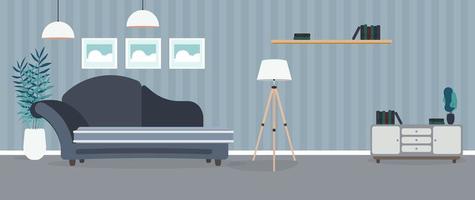 Modern room. Living room with a sofa, wardrobe, lamp, paintings. Furniture. Interior. Vector. vector