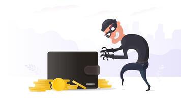 A cartoon thief is holding a wallet with coins vector