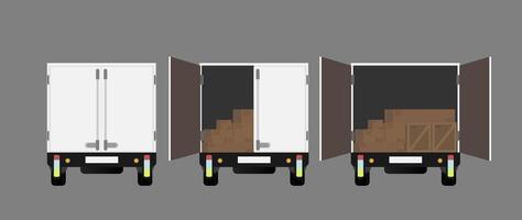 Three white delivery trucks with boxes inside vector