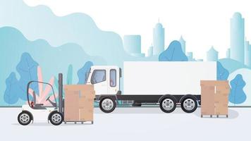 A lorry and a pallet with cardboard boxes stands on the road. Forklift raises the pallet. Industrial forklift. Carton boxes. The concept of delivery and loading of cargo. Isolated. Vector design