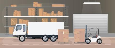 Large warehouse with drawers. Rack with drawers and boxes. Cardboard boxes, truck, production warehouse. Vector.