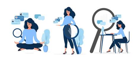 A woman is sitting at a desk with a magnifying glass vector