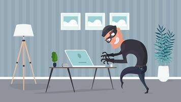 A cartoon thief in a mask is sitting at a desk with a laptop vector