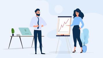 The girl shows a report to the boss. Presentation with positive dynamics. Board for paper. Infographics. Business growth. Isolated. Vector. vector