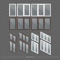 A large set of metal-plastic windows with transparent glasses in 3D. Modern window in a realistic style. Isometry, vector illustration.