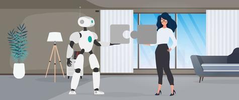 The girl and the robot are holding puzzle pieces. Teamwork concept. vector