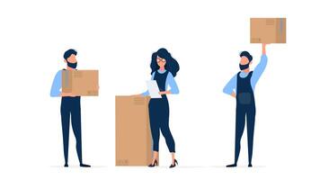 The girl in building overalls holds a sheet of paper in her hands. Loader holds a cardboard box. Isolated. Vector. vector