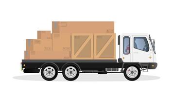 Lorry carries boxes. Concept of delivery and loading of cargo. Isolated. Vector.