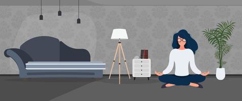 Girl with glasses meditates in the office. The concept of relaxation, meditation, yoga and rest from work. Vector. vector