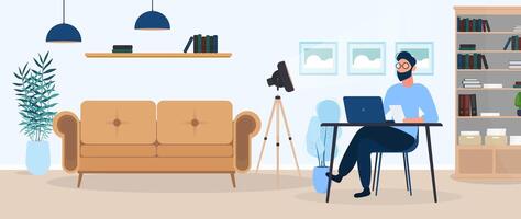 A guy with glasses sits at a table in his office. A man works on a laptop. Office, sofa, bookshelf, business man, floor lamp. Office work concept. Vector. vector