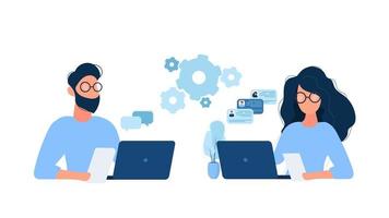 The guy and the girl are working together. Computer work. Teamwork concept. Ilolirovan. Vector. vector