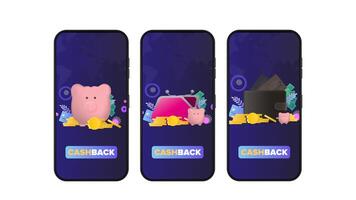 Phone with cashback application. Brown wallet with credit cards and gold coins. Men's wallet with bank cards. The concept of savings and accumulation of money. vector