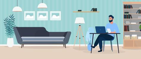 A guy with glasses sits at a table in his office. A man works on a laptop. Office, sofa, bookshelf, business man, floor lamp. Office work concept. Vector. vector