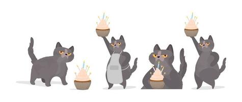 un conjunto de gatos graciosos que sostiene un cupcake festivo. dulces con crema, muffin, postre festivo, confitería. bueno para tarjetas, camisetas y pegatinas. estilo plano vectorial.
