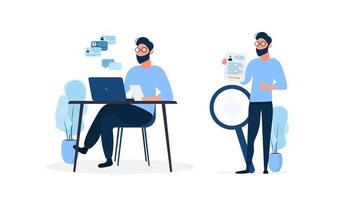 Stylish man in glasses works at a laptop. The guy holds a resume in his hands and shows the class. The concept of finding people for work. Isolated on a white background. Vector. vector