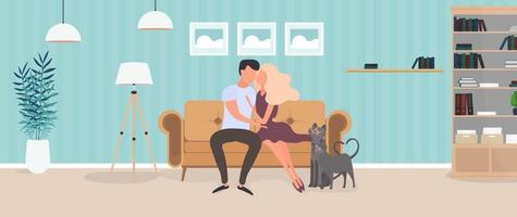 Loving couple sitting on the sofa in the room. Lovers hug each other. Suitable for the design of cards, banners and posters on the theme of love and Valentine's Day. Vector. vector