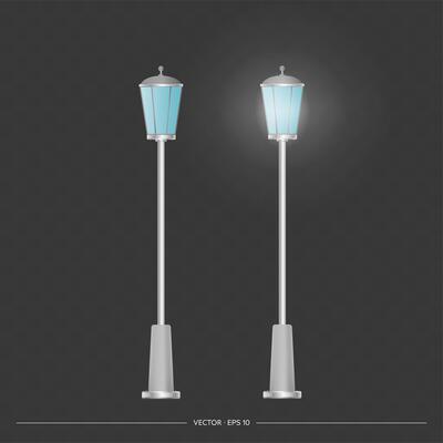 Two street lamps with blue lights on a dark background