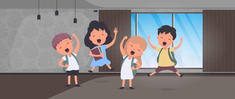 Three children are jumping in a room with a window vector