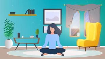 The girl is meditating in the office. The girl practices yoga. Room, office, floor lamp, room growth, table with laptop, workplace. Vector illustration