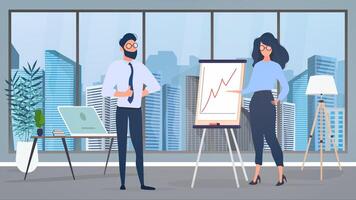 The girl shows a report to the boss. Presentation with positive dynamics. Board for paper. Infographics. Business growth. Isolated. Vector. vector