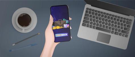 Hand holds phone with payment application. Payment button. Credit card, gold coins, dollars, laptop, keyboard, cup of coffee, pen and pencil. The concept of online stores, payment and cashback. Vector