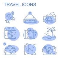 Line icons with flat design elements of air travel to resort vacation, tour planning, recreational rest, holiday trip for leisure activity. Modern infographic vector logo pictogram collection concept.