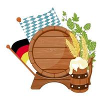 emblema de dibujos animados con vasos de cerveza, barril de madera. aislado sobre fondo blanco.