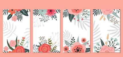 Set of postcards with elements of spring flowers and floral elements for your design. Hand-drawn. vector