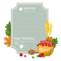 Hand drawn thanksgiving greeting card with maple leaves and a jar of honey . vector