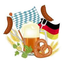 cartel del festival oktoberfest, salpicaduras de cerveza con pretzel y trigos aislados vector