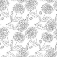 Seamless pattern with black outlined chrysanthemum flowers, buds, and leaves on white isolated background. vector