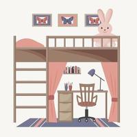 Cozy interior of a children's room with an attic bed and a desk. A room for children with a workplace. Vector