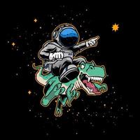 Hand drawn of astronaut riding dinosaurs on black space vector